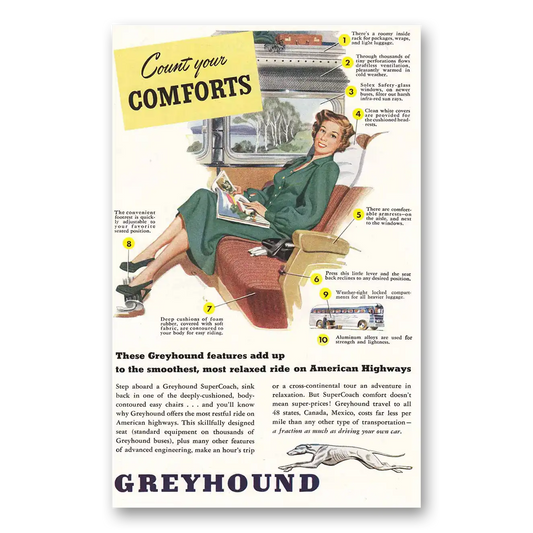 1949 Greyhound Count your Comforts Vintage Magazine Print Ad