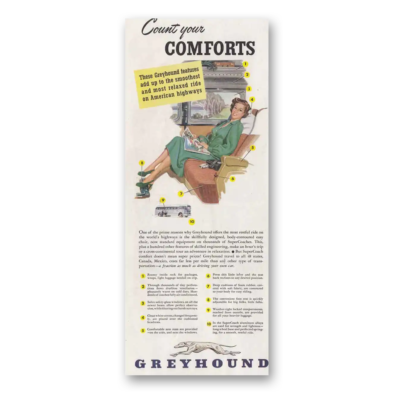 1949 Greyhound Count Your Comforts Seat Vintage Magazine Print Ad