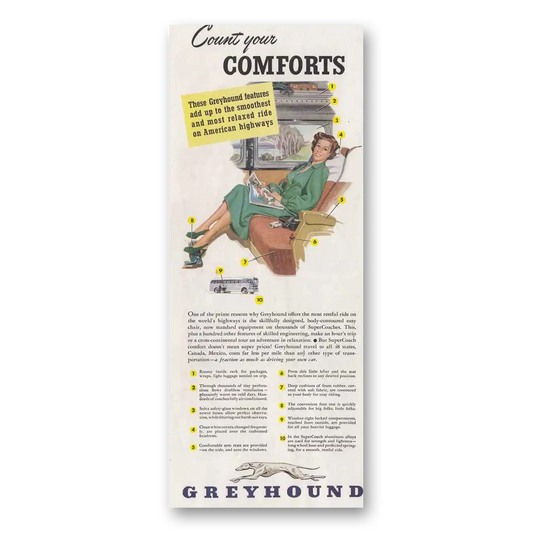 1949 Greyhound Count Your Comforts Seat Vintage Magazine Print Ad