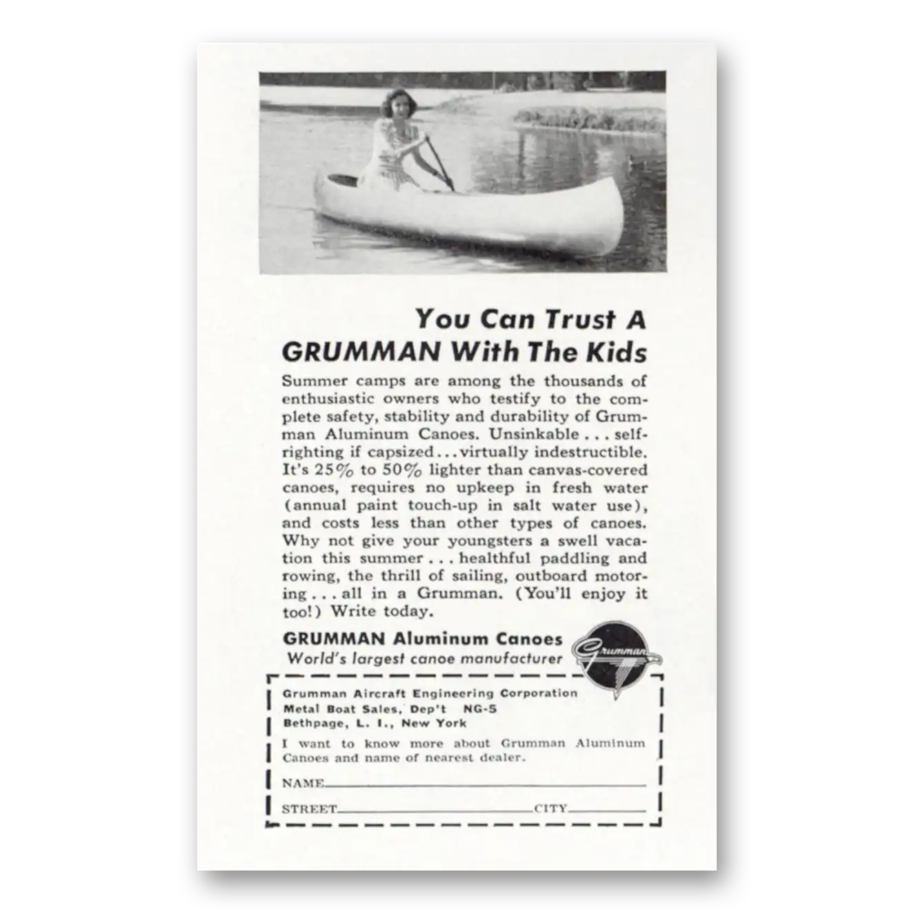 1949 Grumman Aluminum You Can Trust With the Kids Vintage Magazine Print Ad