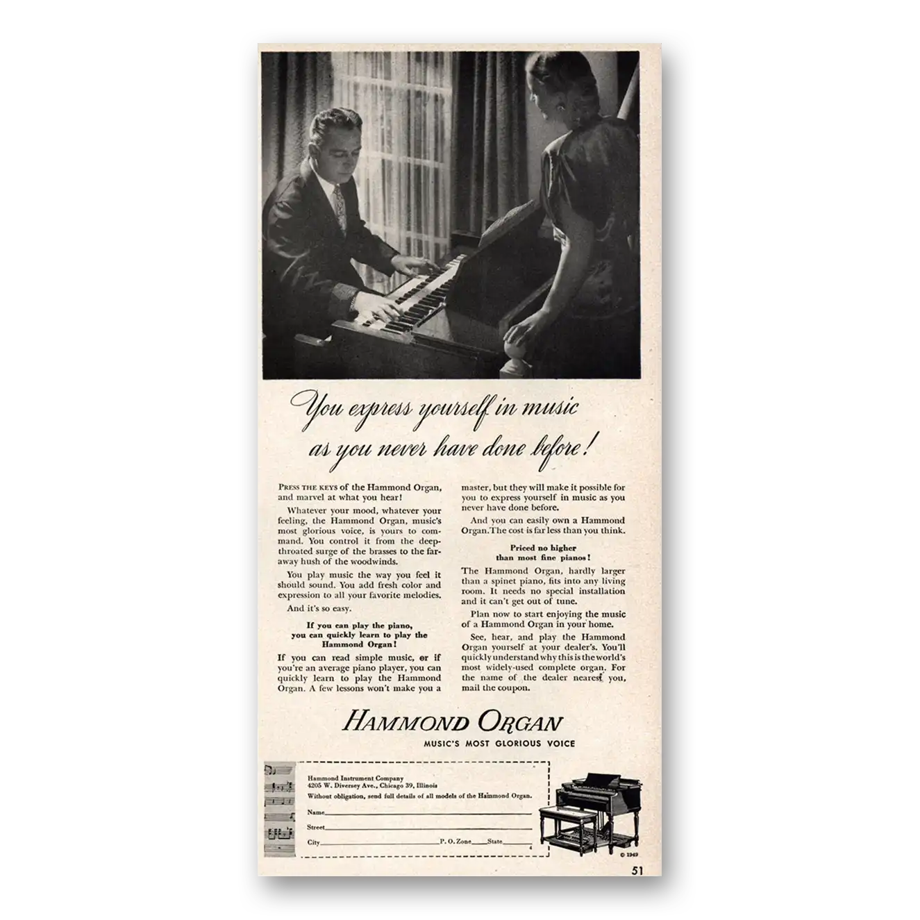 1949 Hammond Organ Express Yourself In Music Vintage Magazine Print Ad