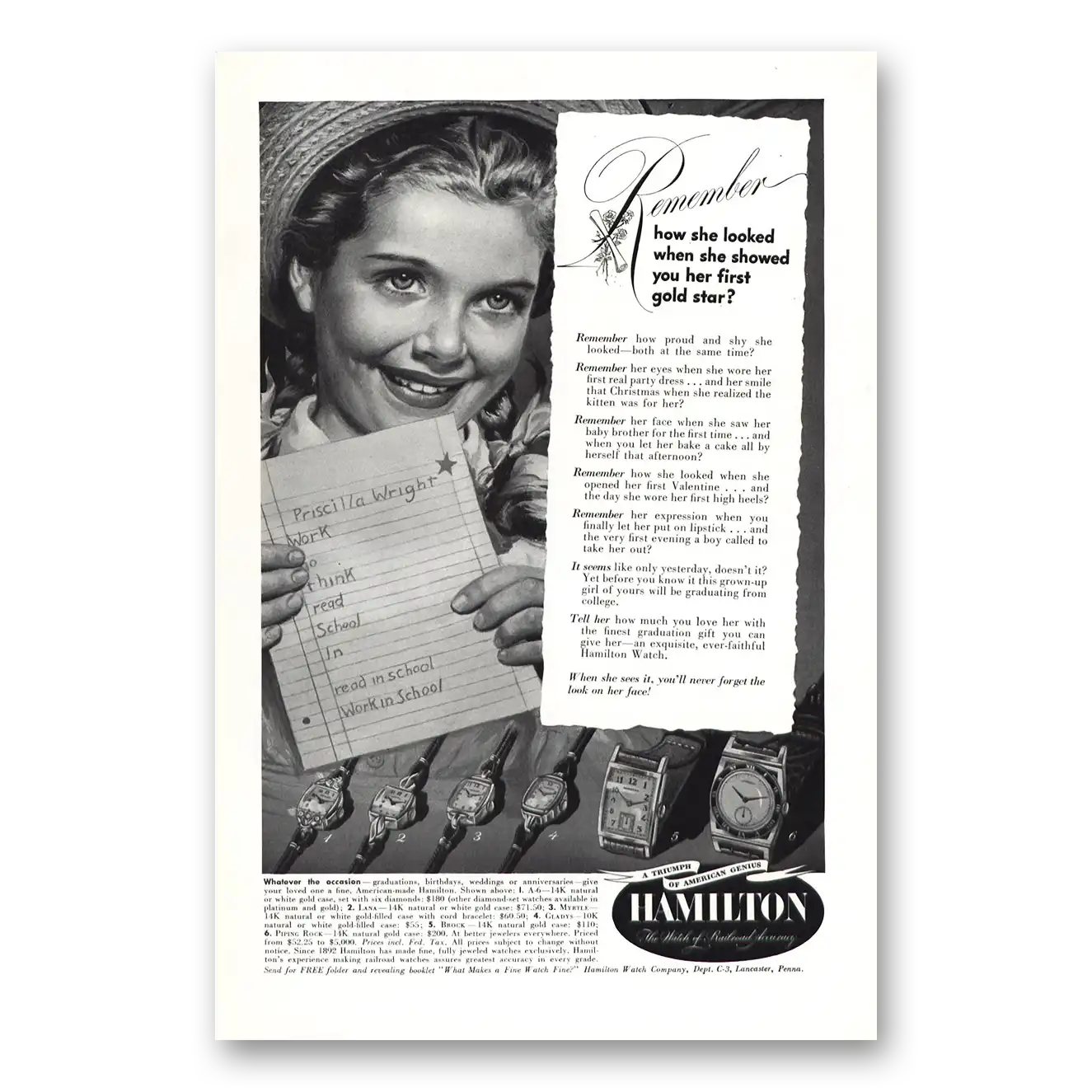 1949 Hamilton Watch Showed You Her First Gold Star Vintage Magazine Print Ad