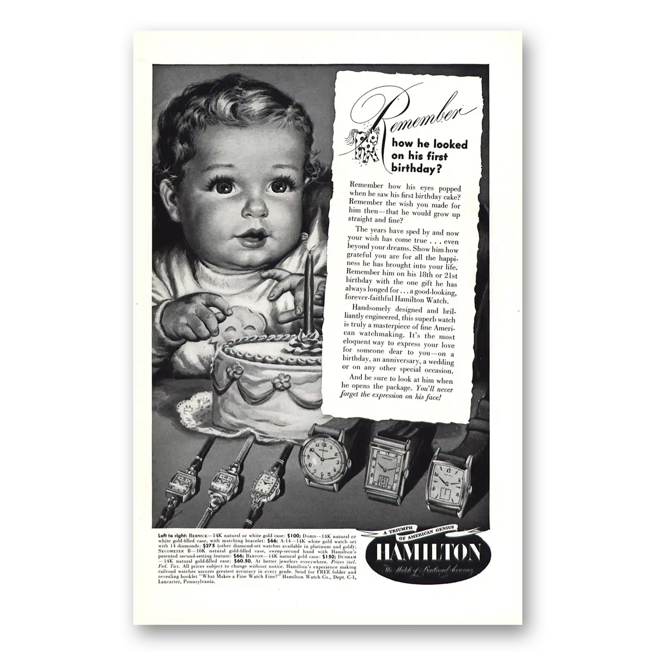 1949 Hamilton Watch How He Looked On His First Birthday Vintage Magazine Print Ad