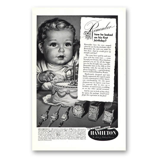 1949 Hamilton Watch How He Looked On His First Birthday Vintage Magazine Print Ad