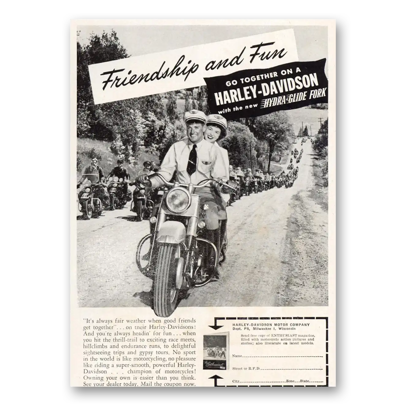 1949 Harley Davidson Hydra Glide Friendship and Fun Hydra Glide Fork Vintage Magazine Print Ad