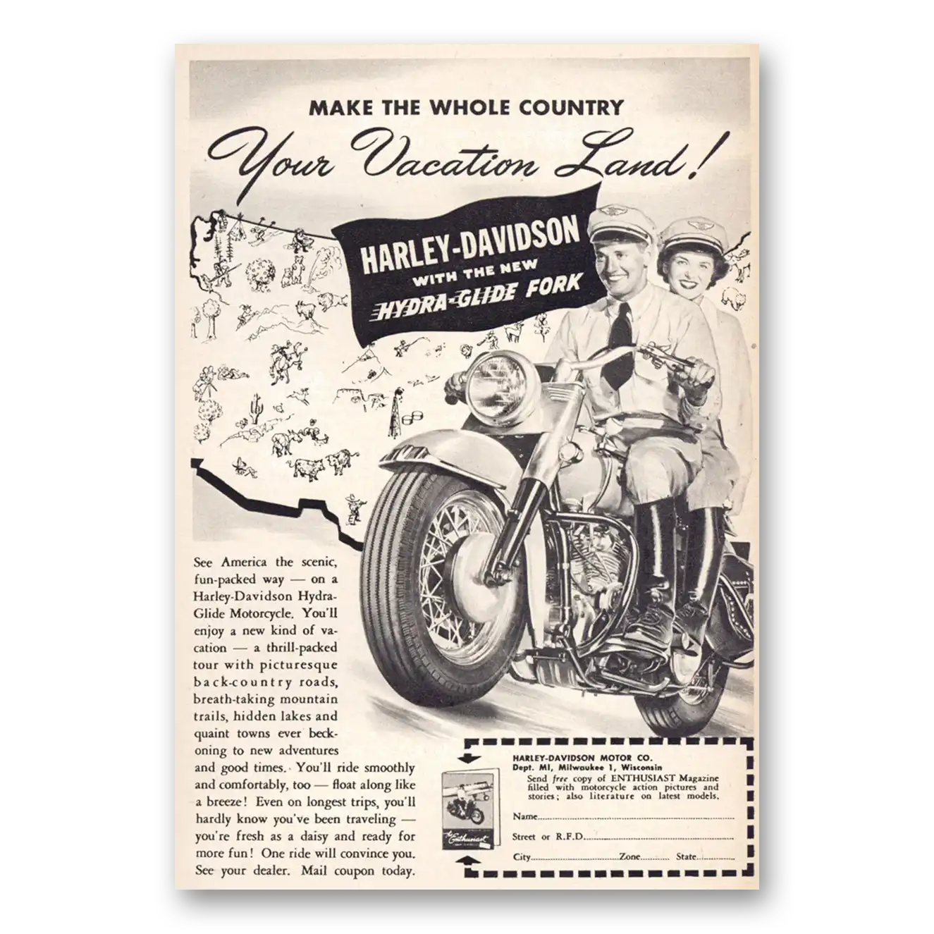 1949 Harley Davidson Your Vacation Land Vintage Magazine Print Ad