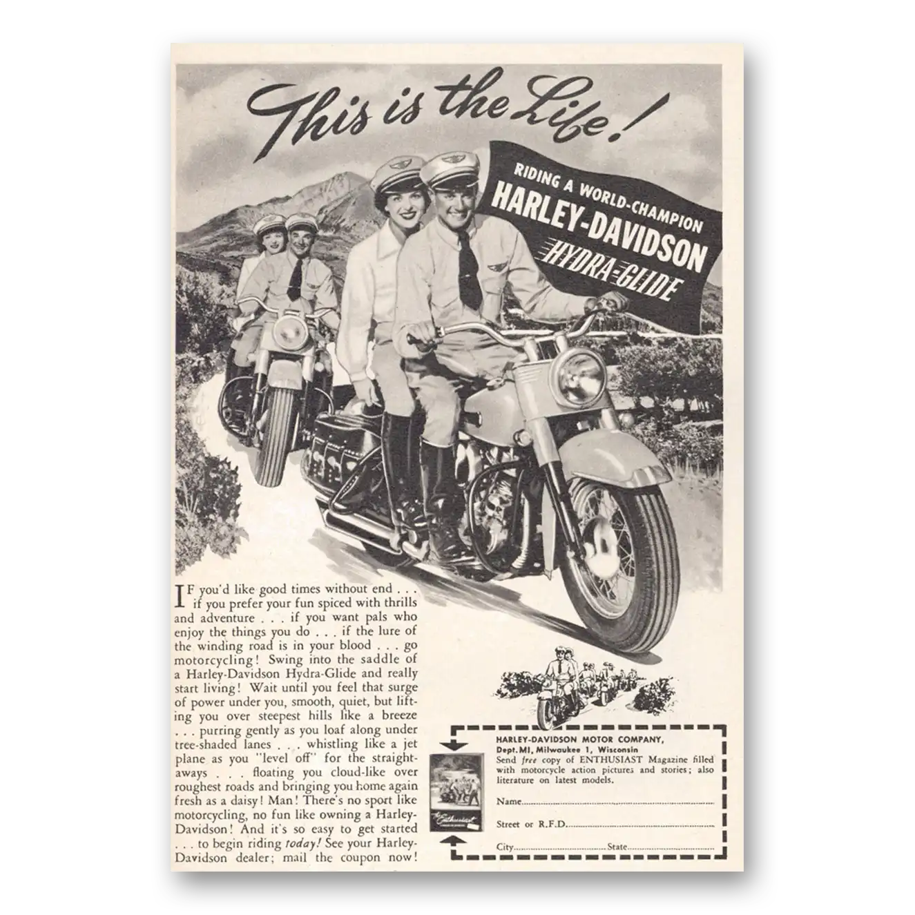 1949 Harley Davidson This Is the Life Vintage Magazine Print Ad