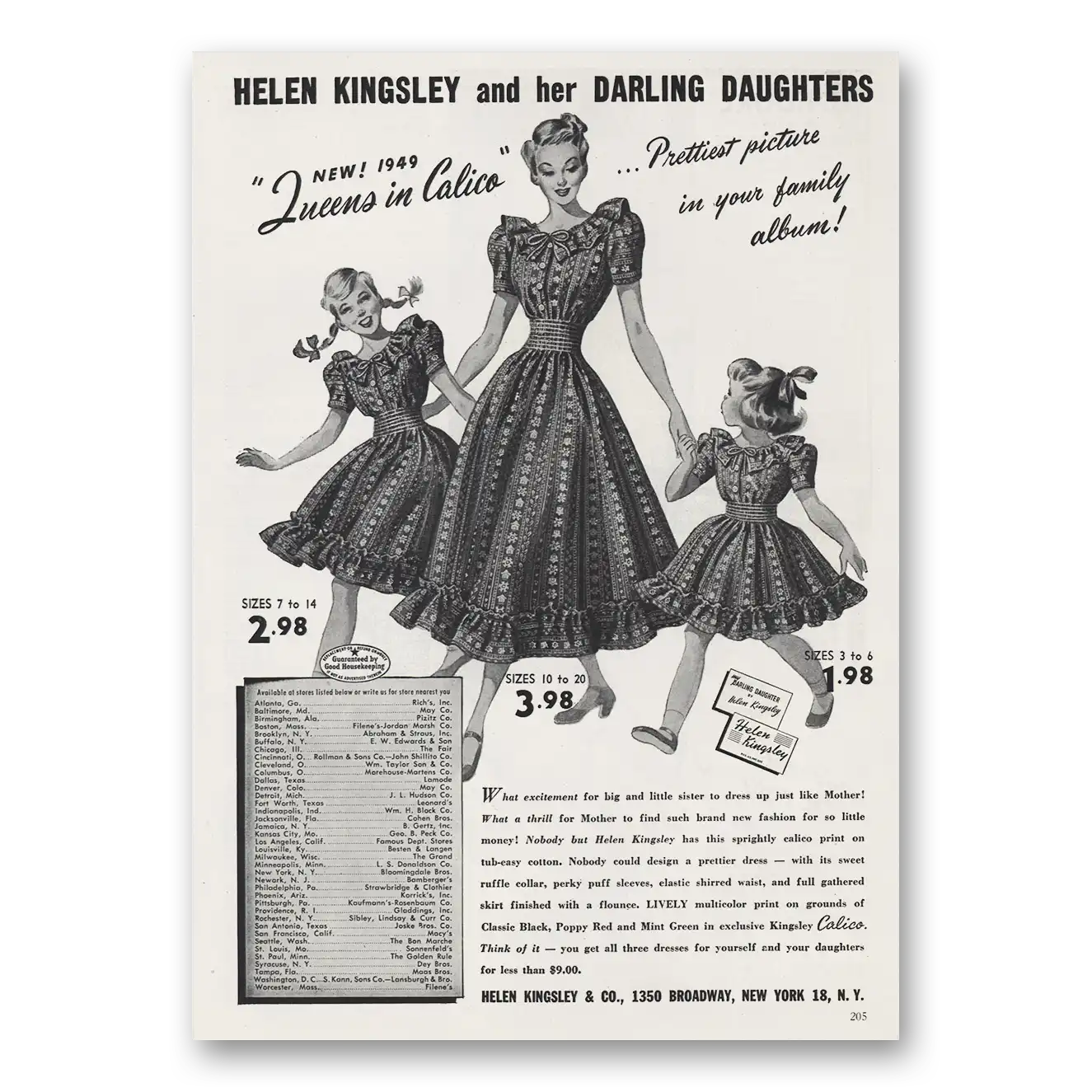 1949 Helen Kingsley Darling Daughters Queens in Calico Vintage Magazine Print Ad