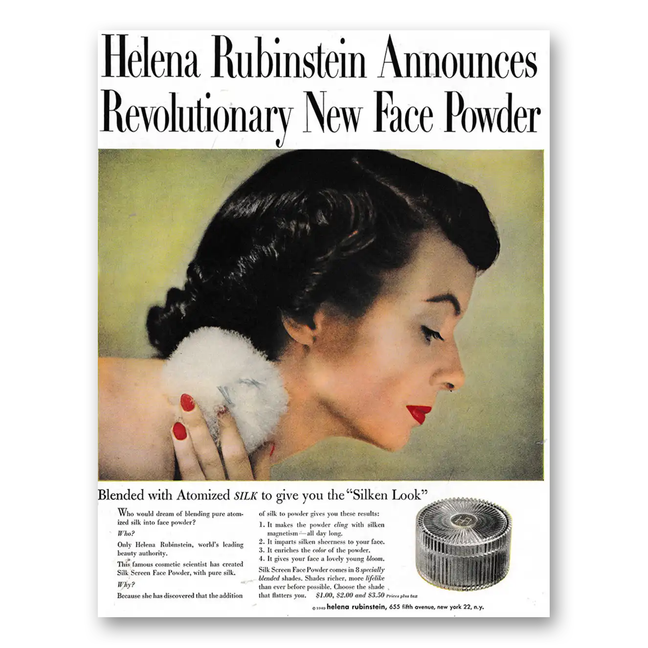 1949 Helena Rubinstein Cosmetics Revolutionary New Face Powder Vintage Magazine Print Ad