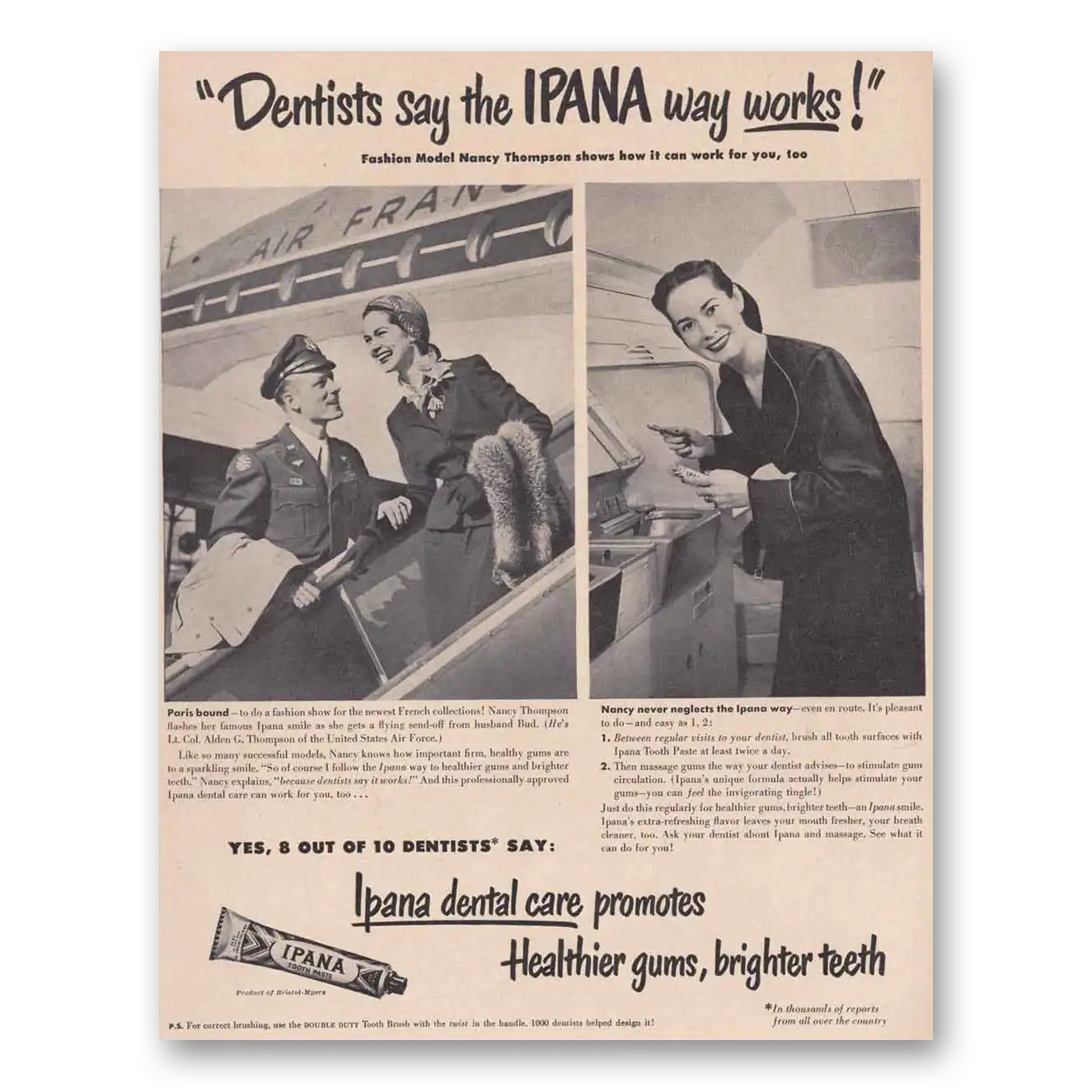 1949 Ipana Toothpaste Dental Care Air France Fashion Model Vintage Magazine Print Ad