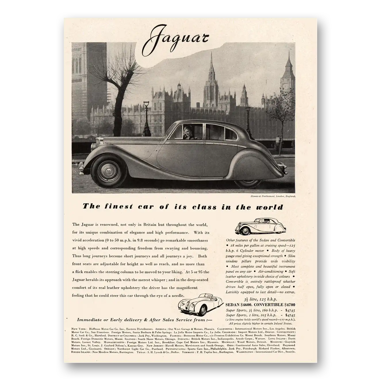 1949 Jaguar Finest Car of Its Class In the World Vintage Magazine Print Ad