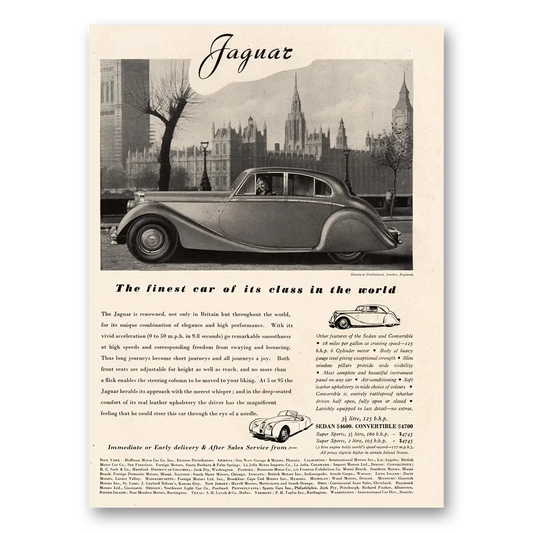 1949 Jaguar Finest Car of Its Class In the World Vintage Magazine Print Ad