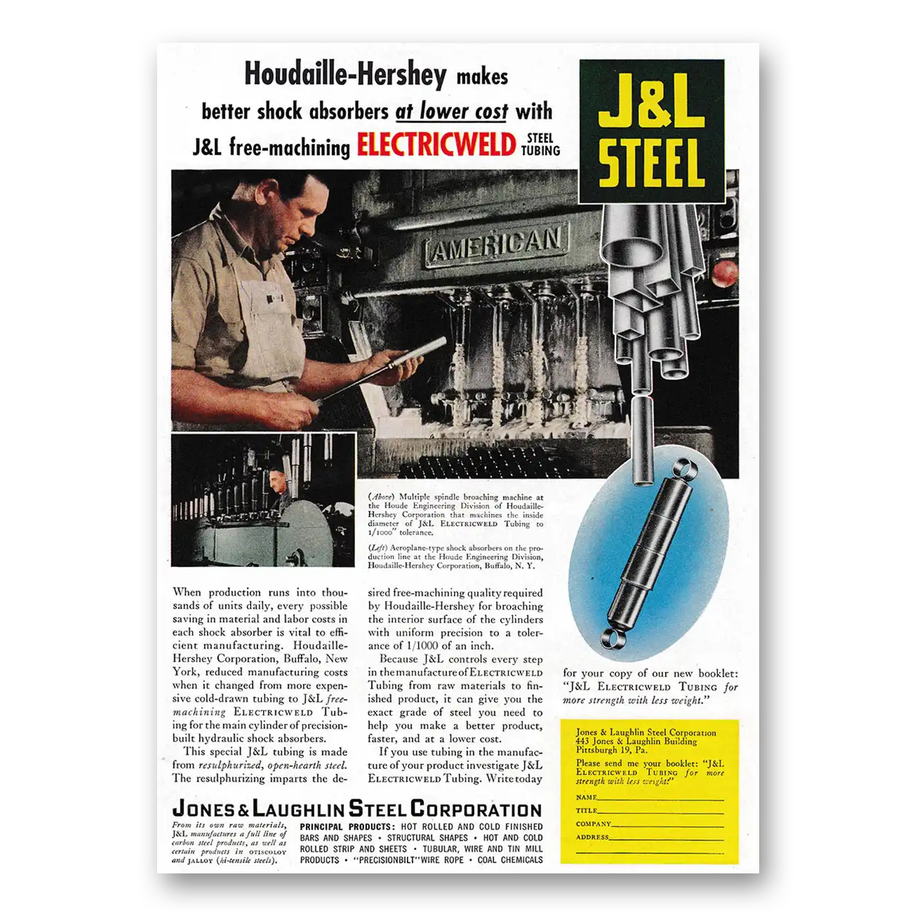 1949 Jones and Laughlin Steel Houdaille Hershey Makes Better Shock Absorbers Vintage Magazine Print Ad