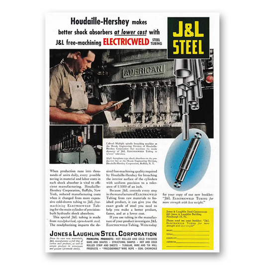 1949 Jones and Laughlin Steel Houdaille Hershey Makes Better Shock Absorbers Vintage Magazine Print Ad