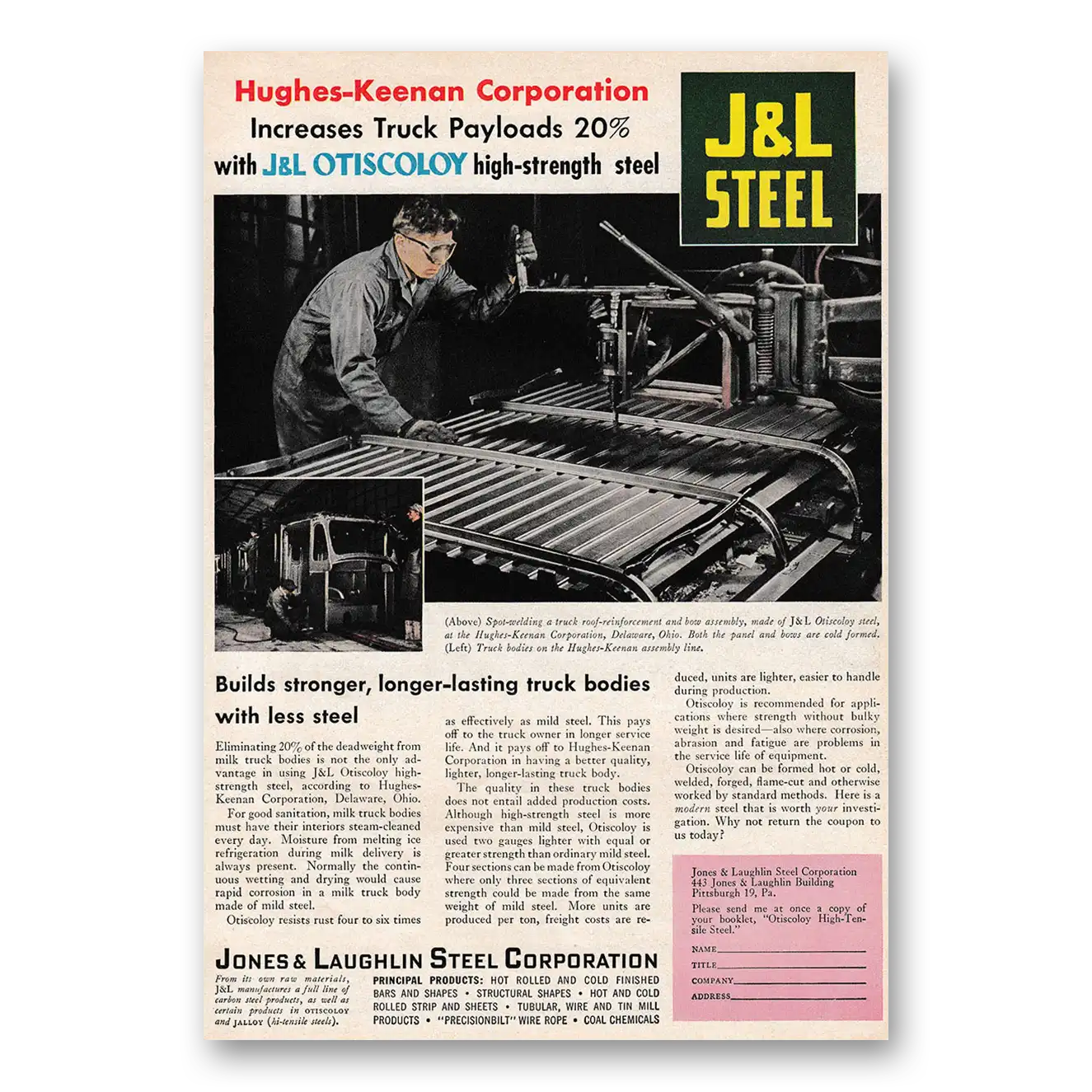 1949 Jones and Laughlin Steel Hughes Kennan Increases Truck Payloads Vintage Magazine Print Ad