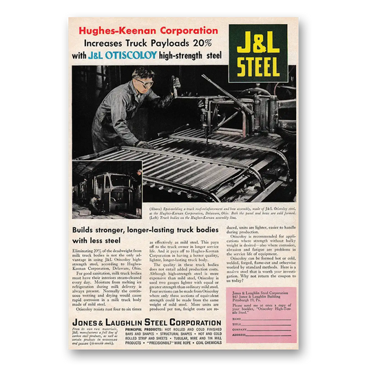 1949 Jones and Laughlin Steel Hughes Kennan Increases Truck Payloads Vintage Magazine Print Ad