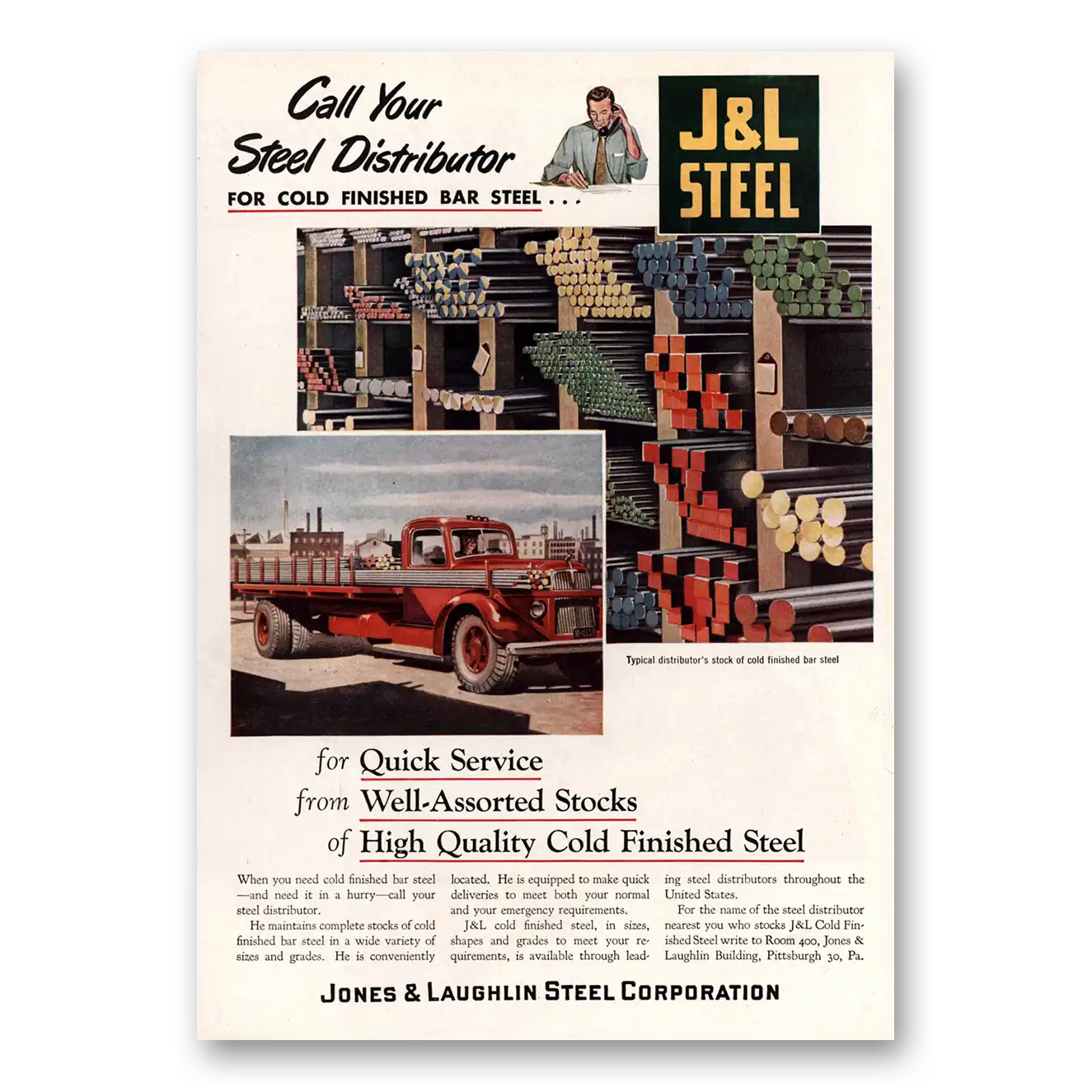 1949 Jones and Laughlin Steel Cold Finished Bar Steel Vintage Magazine Print Ad