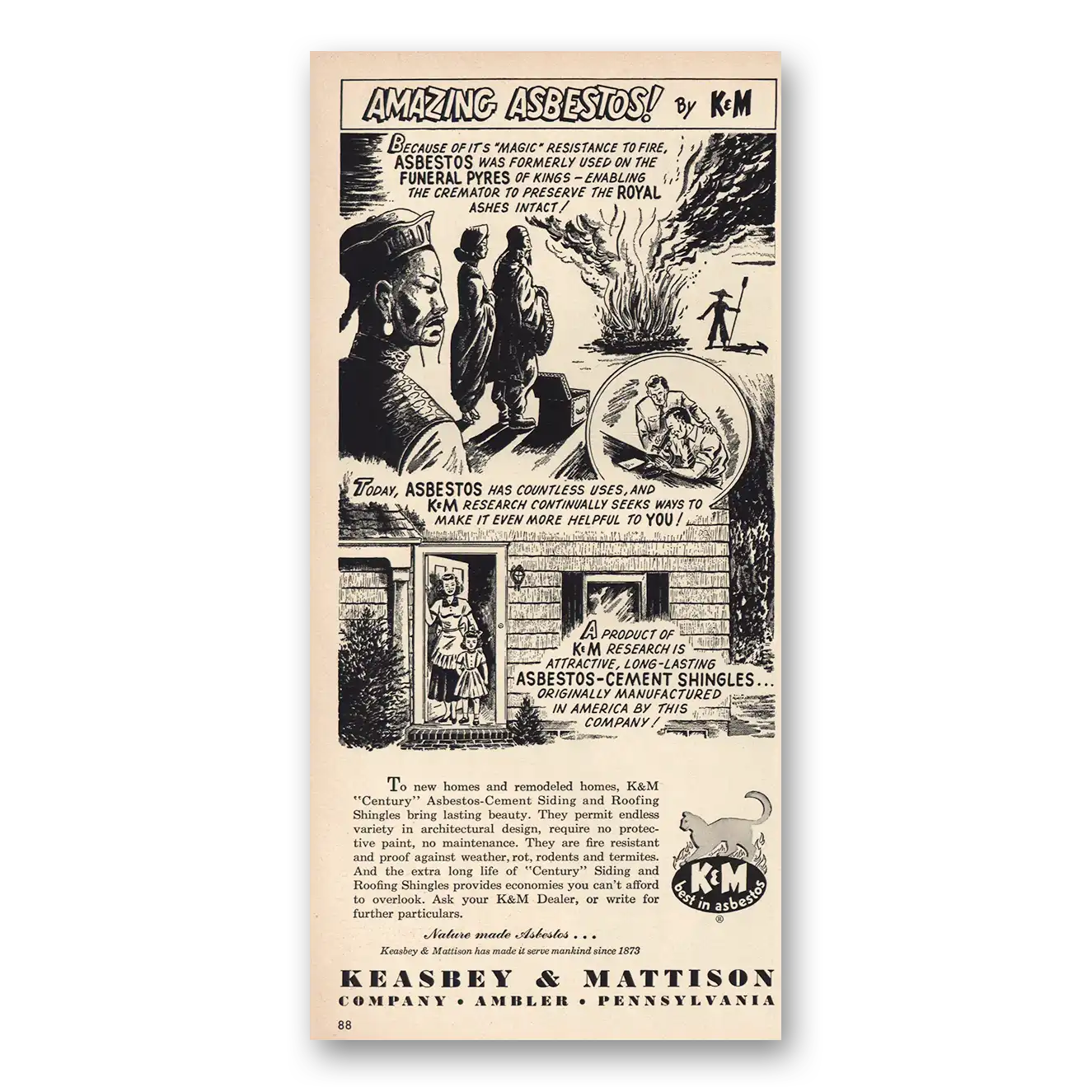 1949 Keasbey & Mattison Amazing Asbestos Funeral Pyres Vintage Magazine Print Ad