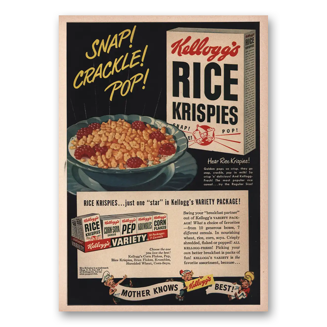 1949 Rice Krispies Cereal Snap Crackle Pop Vintage Magazine Print Ad