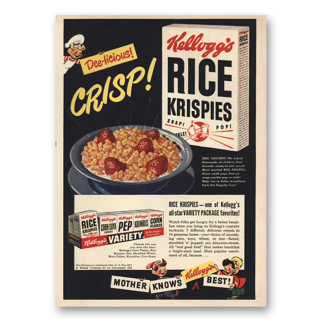 1949 Rice Krispies Cereal Deelicious Crisp Vintage Magazine Print Ad