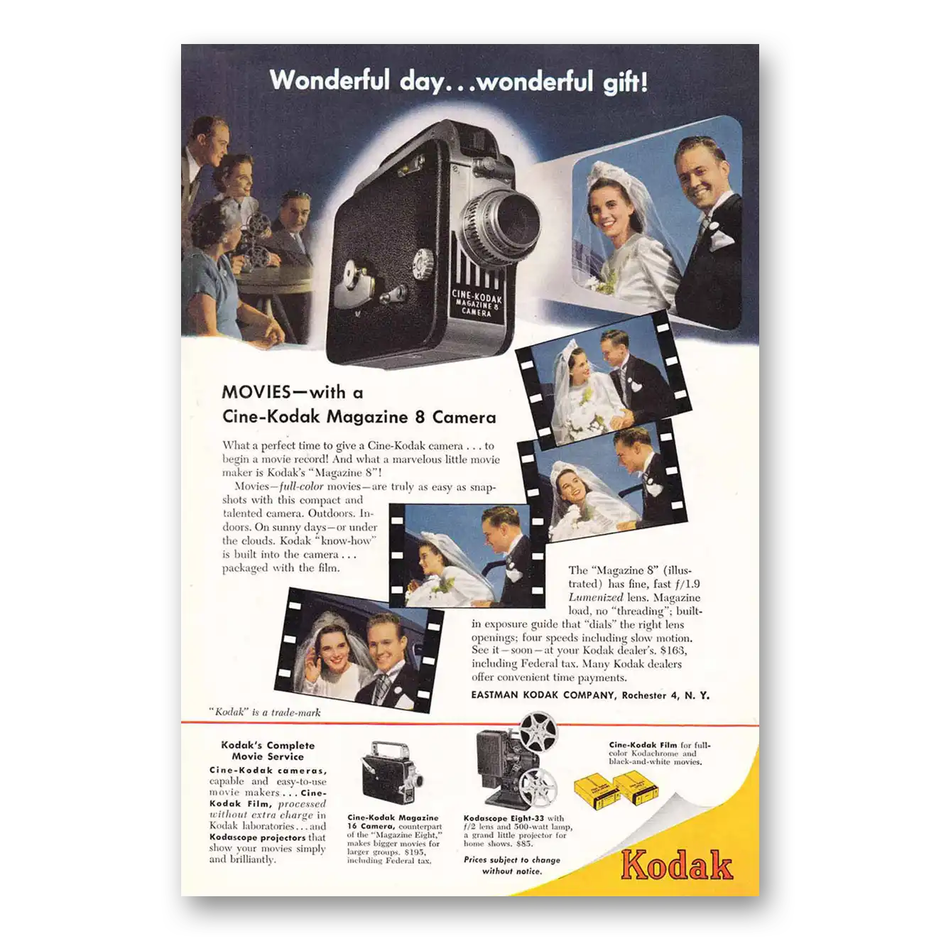 1949 Kodak Movie Camera Wonderful Day Gift Bride and Groom Vintage Magazine Print Ad