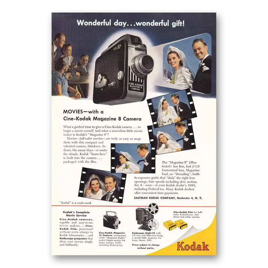 1949 Kodak Movie Camera Wonderful Day Gift Bride and Groom Vintage Magazine Print Ad