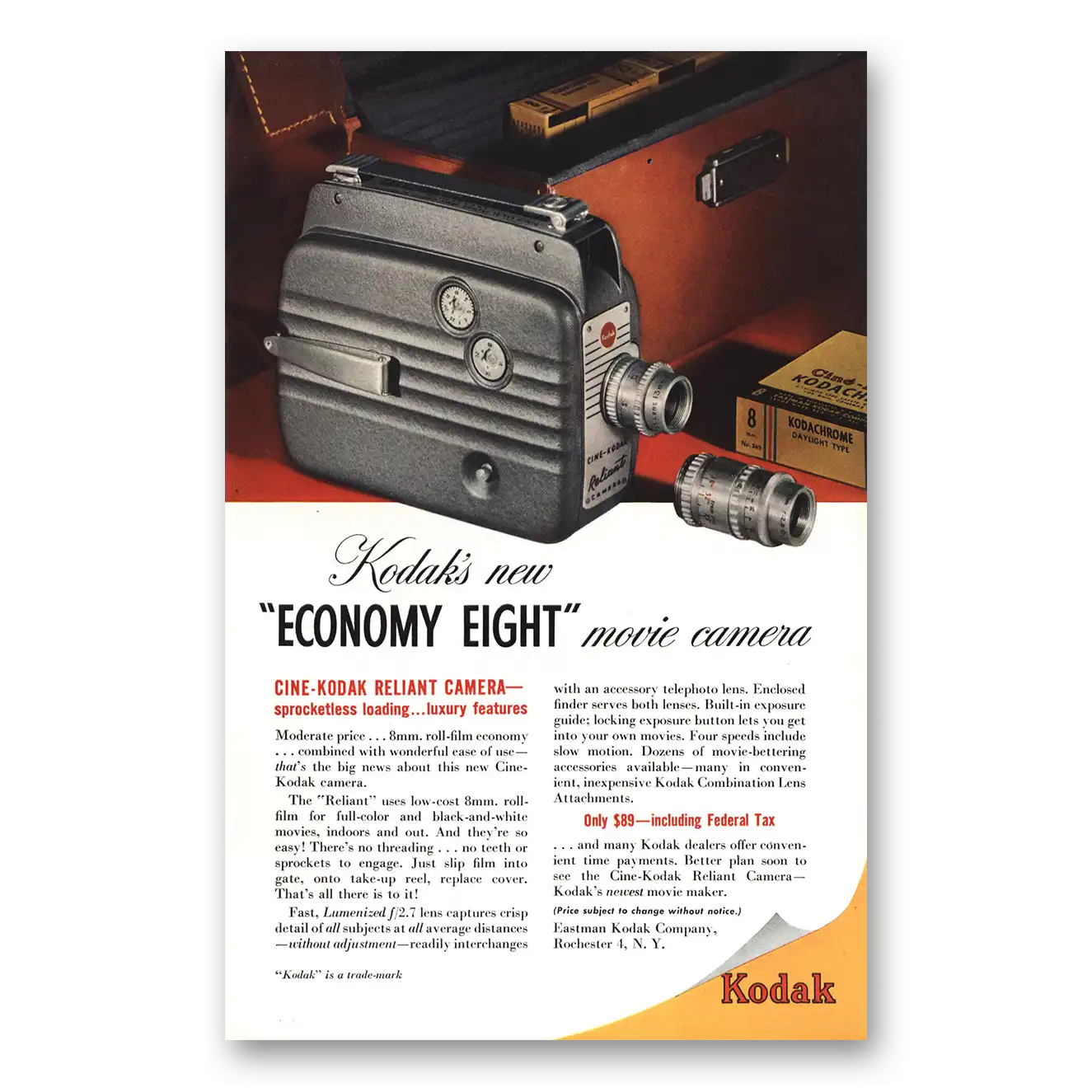 1949 Kodak Movie Camera Economy Eight Movie Camera Sprocketless Loading Vintage Magazine Print Ad