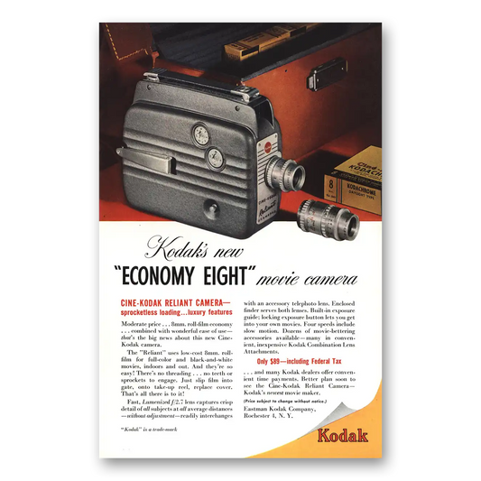 1949 Kodak Movie Camera Economy Eight Movie Camera Sprocketless Loading Vintage Magazine Print Ad