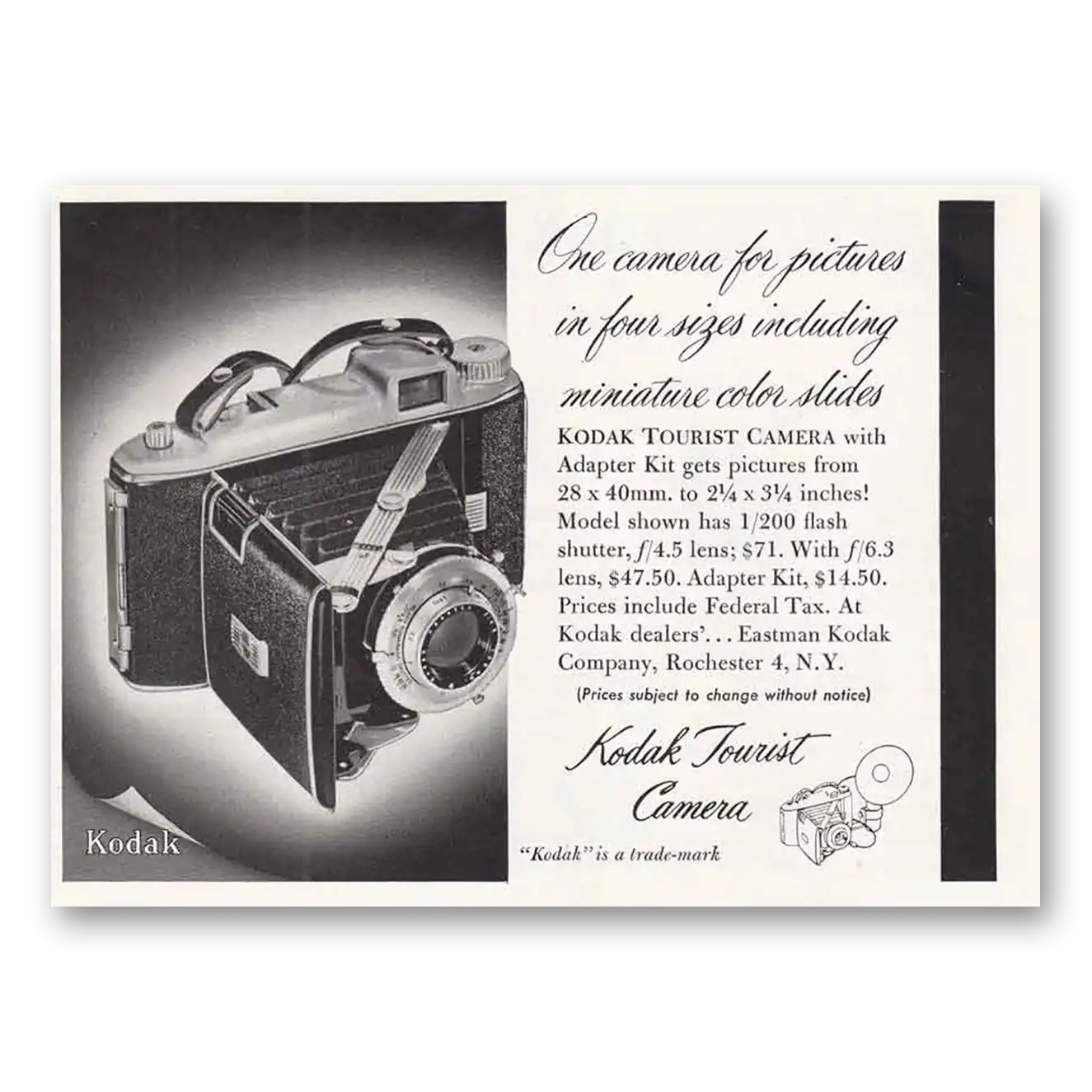 1949 Kodak Tourist Camera One Camera for Pictures In Four Sizes Vintage Magazine Print Ad