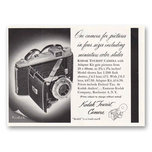 1949 Kodak Tourist Camera One Camera for Pictures In Four Sizes Vintage Magazine Print Ad