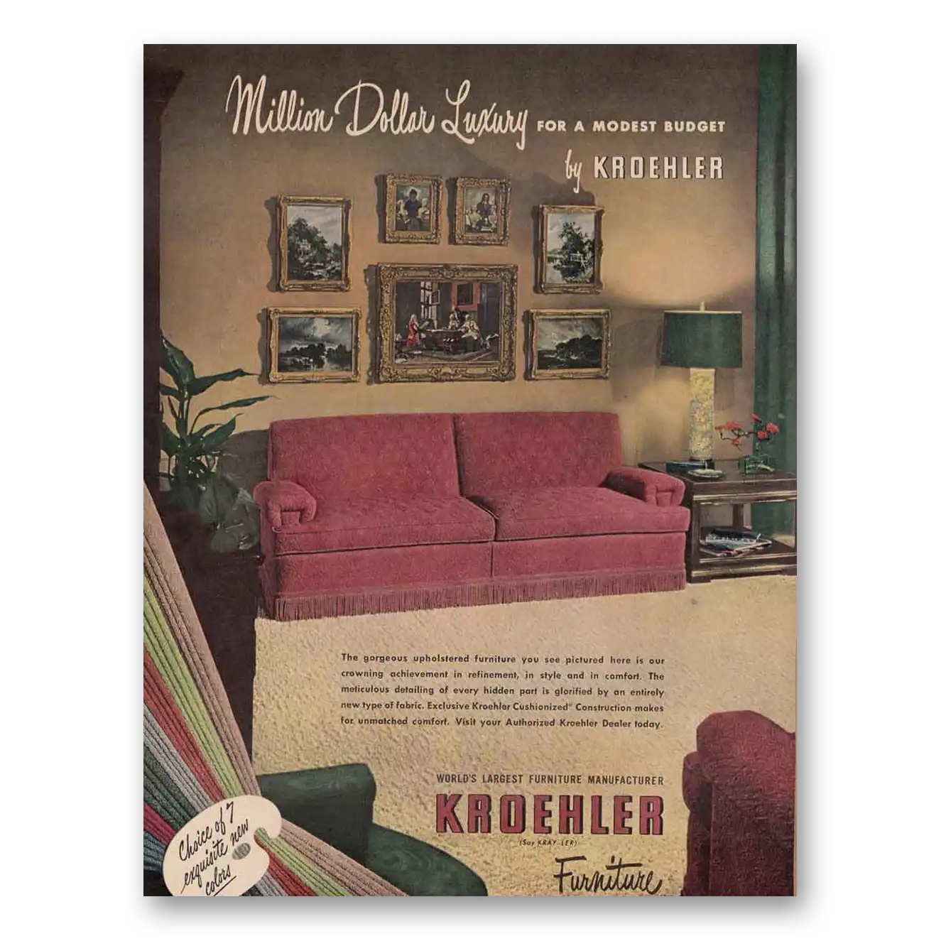 1949 Kroehler Furniture Million Dollar Luxury Vintage Magazine Print Ad