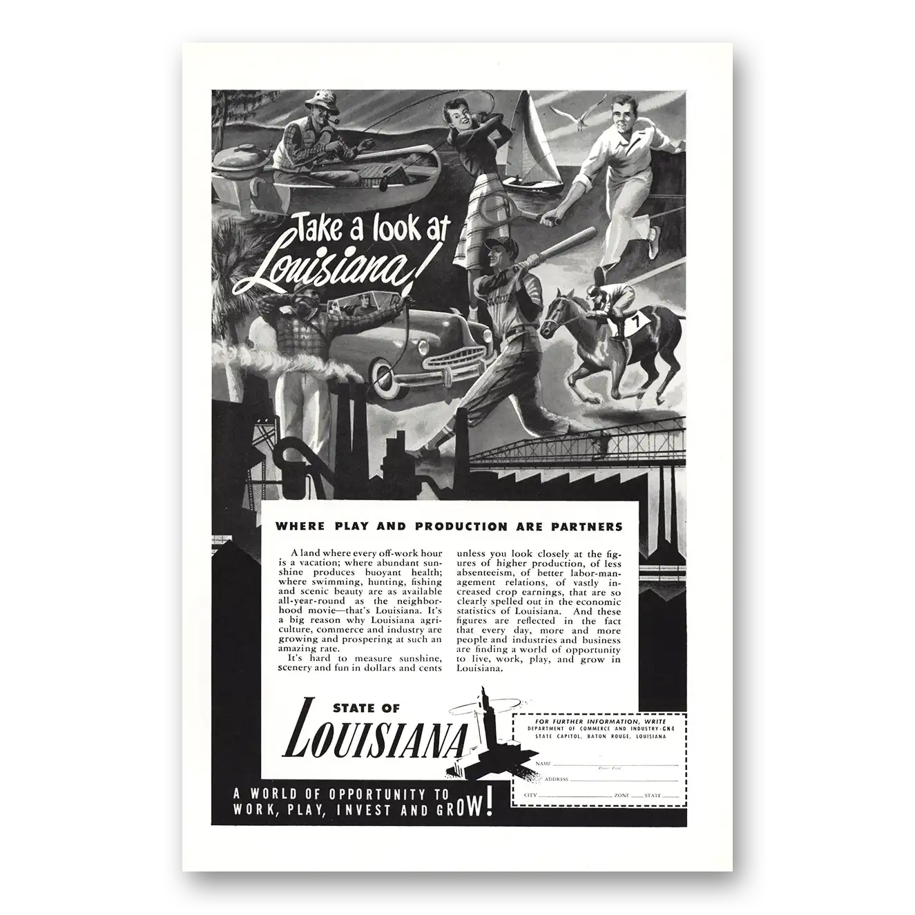 1949 Louisiana Where Play and Production are Partners Vintage Magazine Print Ad