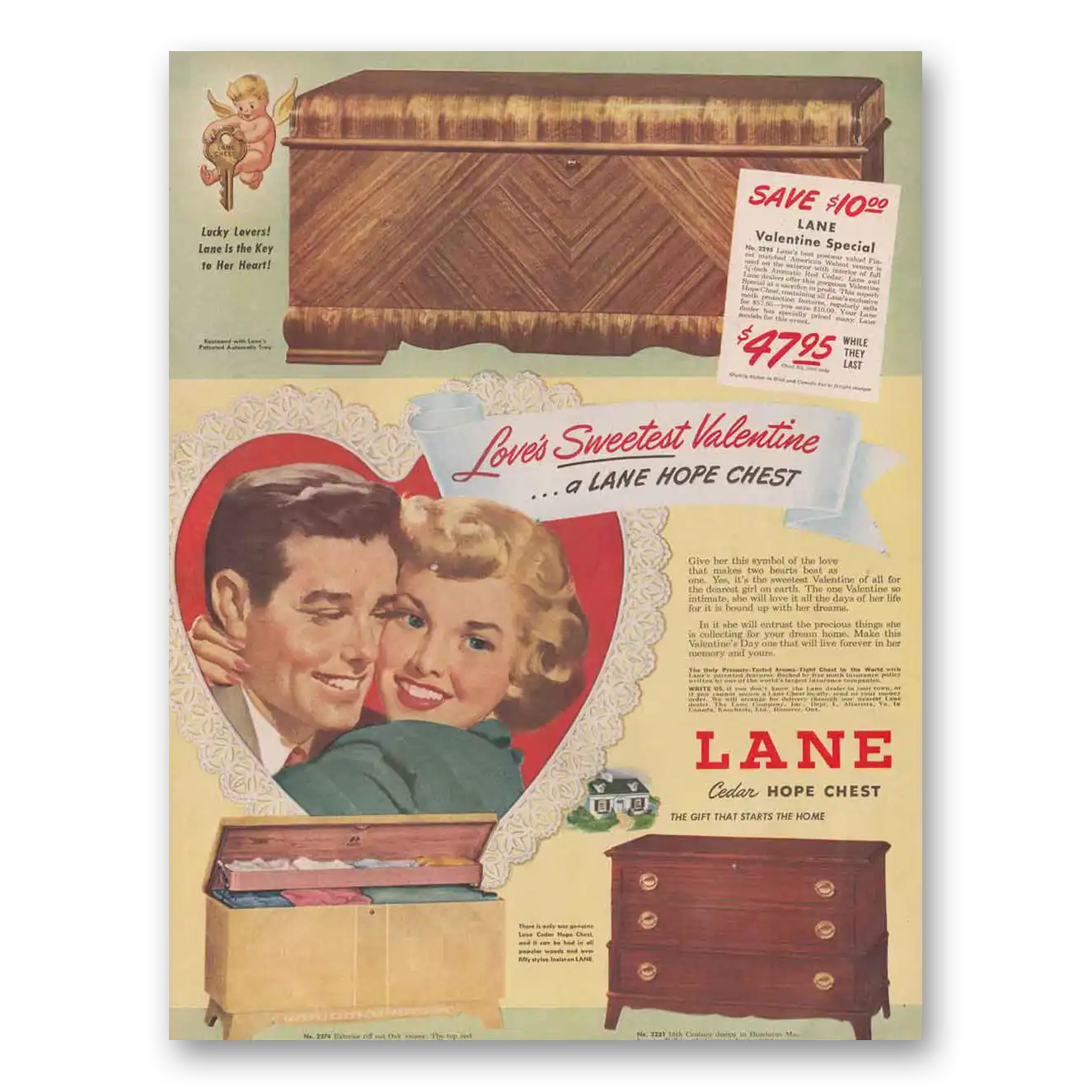 1949 Lane Cedar Hope Chest Love's Sweetest Valentine Vintage Magazine Print Ad