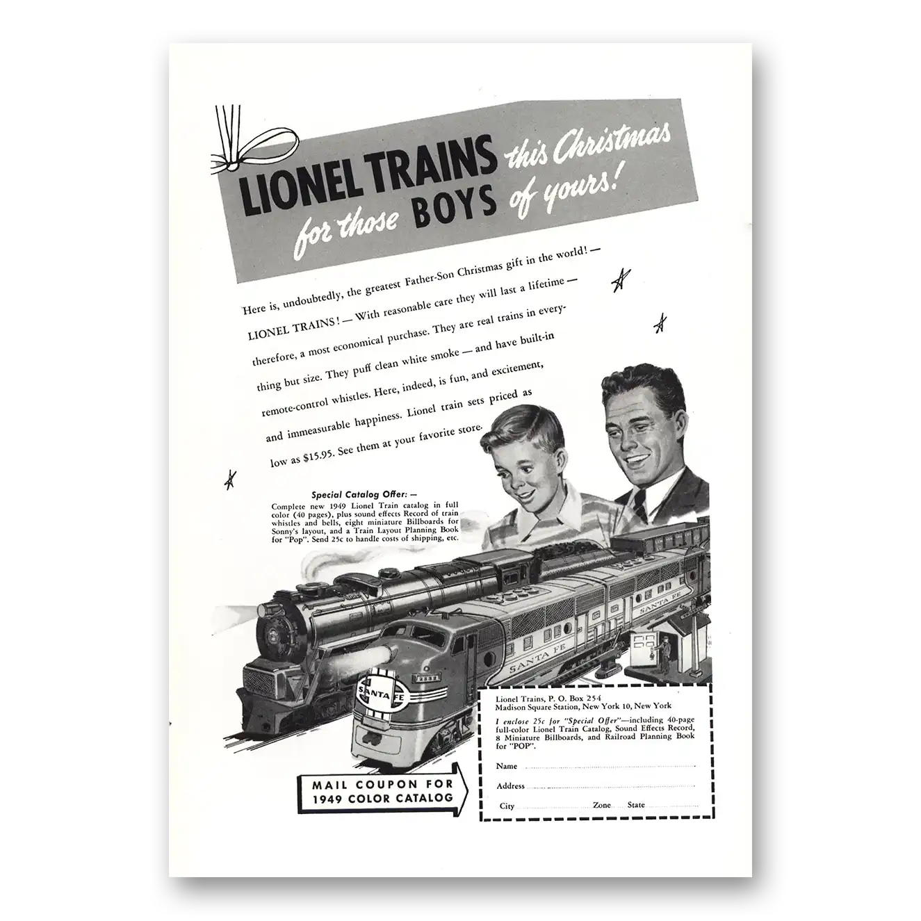 1949 Lionel Trains This Christmas For Those Boys of Yours Vintage Magazine Print Ad