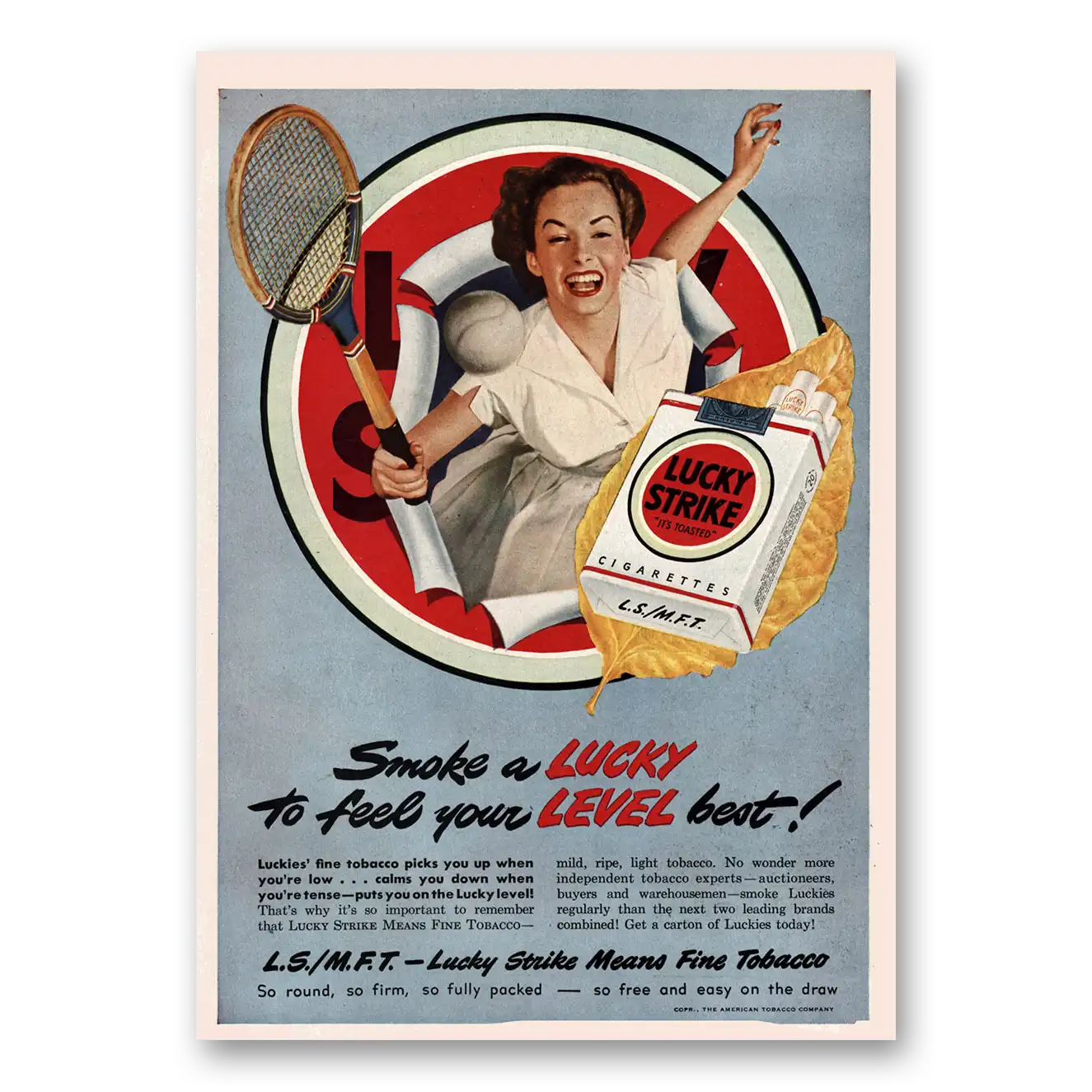 1949 Lucky Strike Cigarettes Feel Your Level Best Tennis Vintage Magazine Print Ad