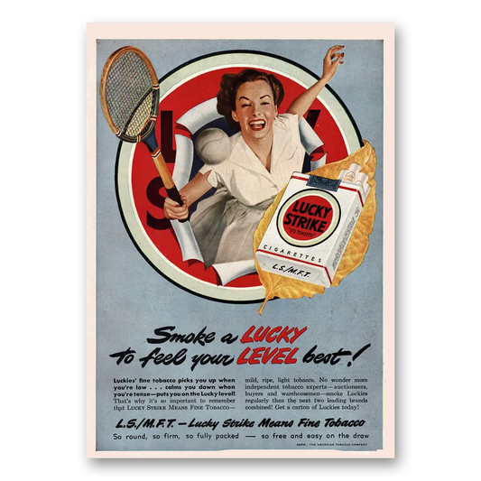 1949 Lucky Strike Cigarettes Feel Your Level Best Tennis Vintage Magazine Print Ad