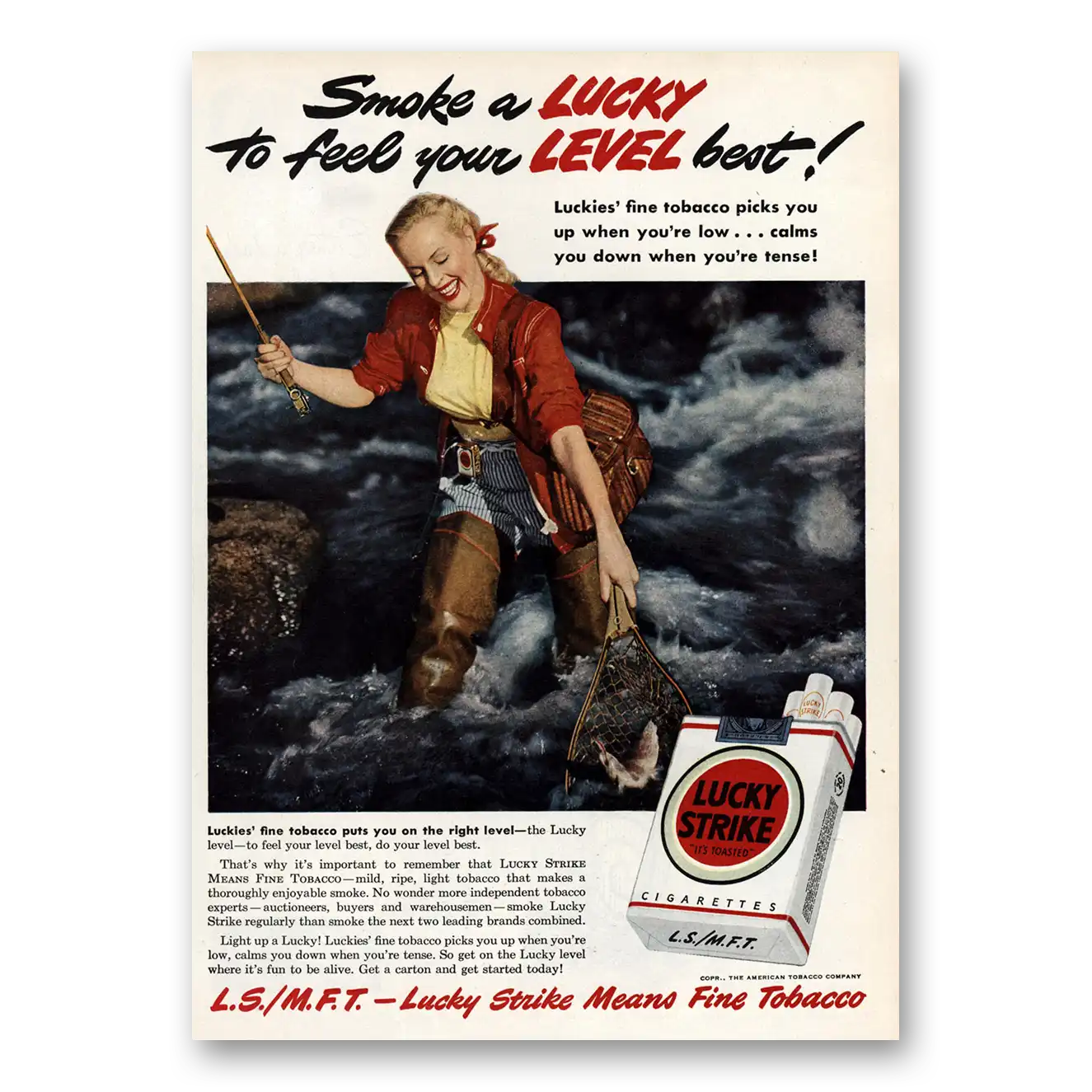 1949 Lucky Strike Cigarettes Feel Your Level Best Fish Vintage Magazine Print Ad