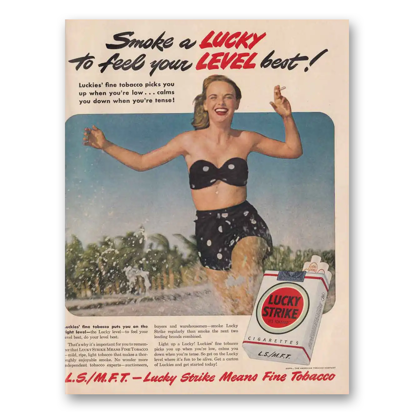 1949 Lucky Strike Cigarettes Smoke a Lucky Beach Vintage Magazine Print Ad