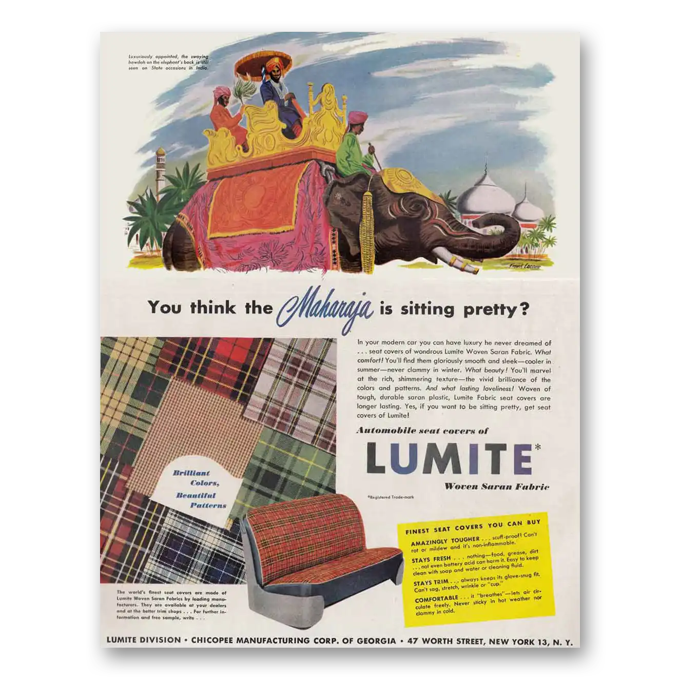 1949 Lumite Automobile Seat Covers Woven Saran Fabric India Maharaja Vintage Magazine Print Ad