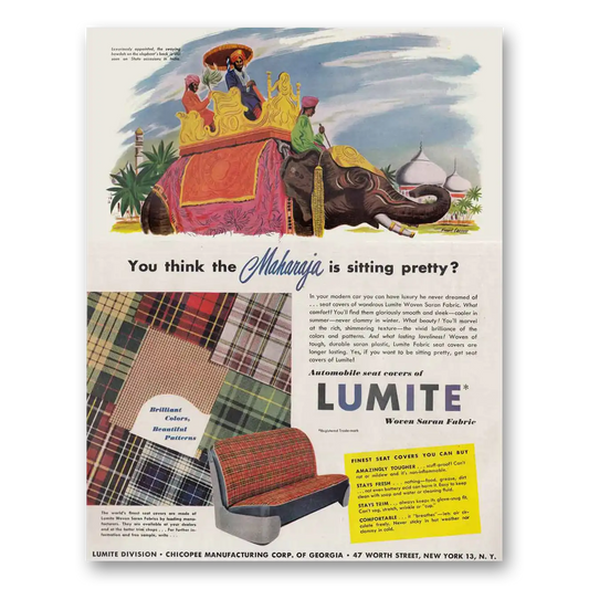 1949 Lumite Automobile Seat Covers Woven Saran Fabric India Maharaja Vintage Magazine Print Ad