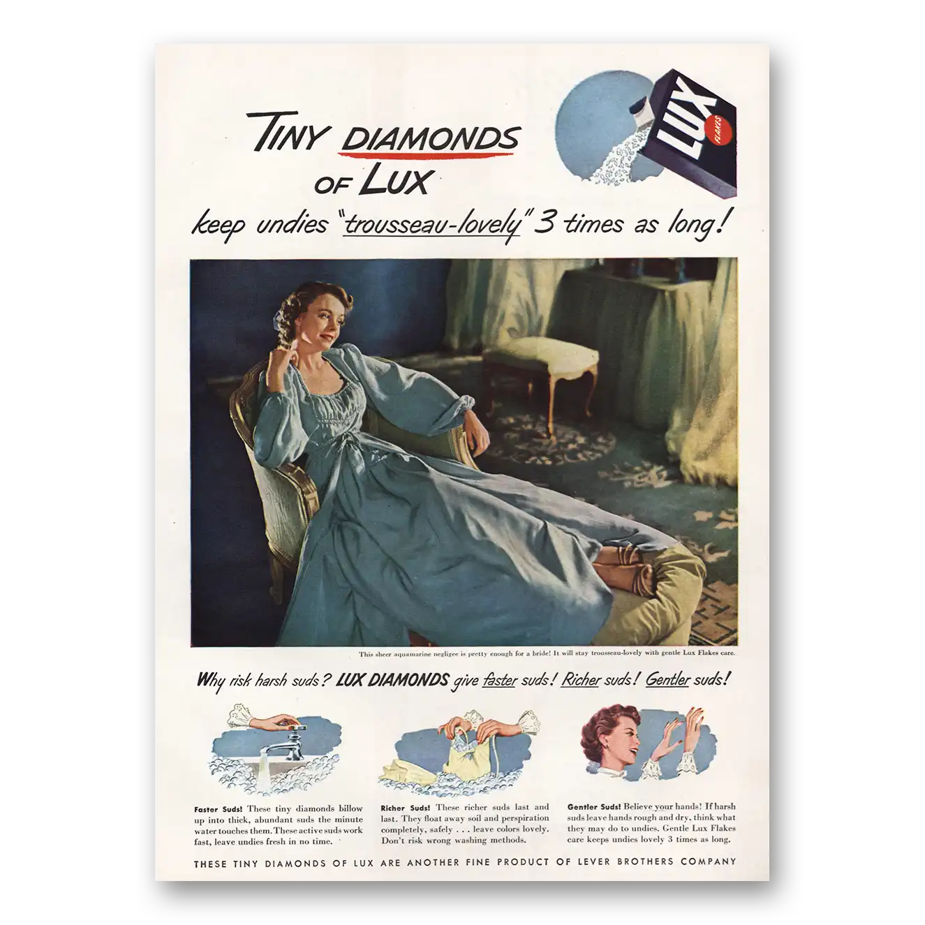 1949 Lux Soap Tiny Diamonds Keep Undies Trousseau Lovely Vintage Magazine Print Ad