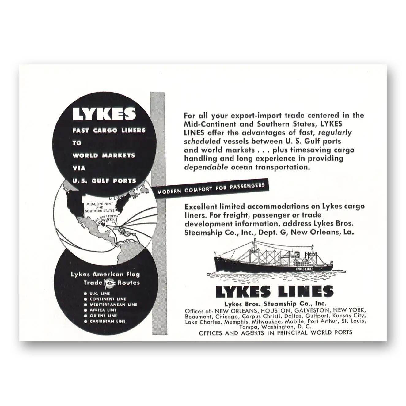 1949 Lykes Lines Fast Cargo Liners Vintage Magazine Print Ad