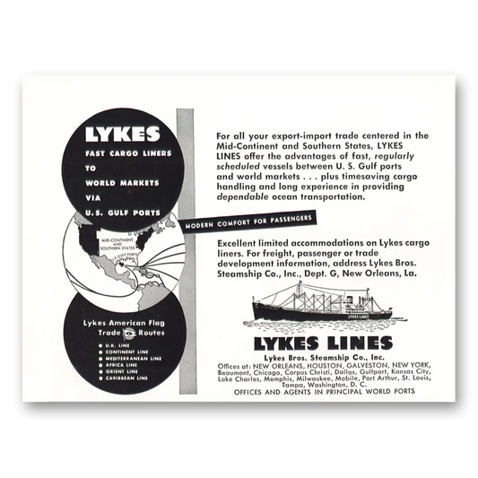 1949 Lykes Lines Fast Cargo Liners Vintage Magazine Print Ad