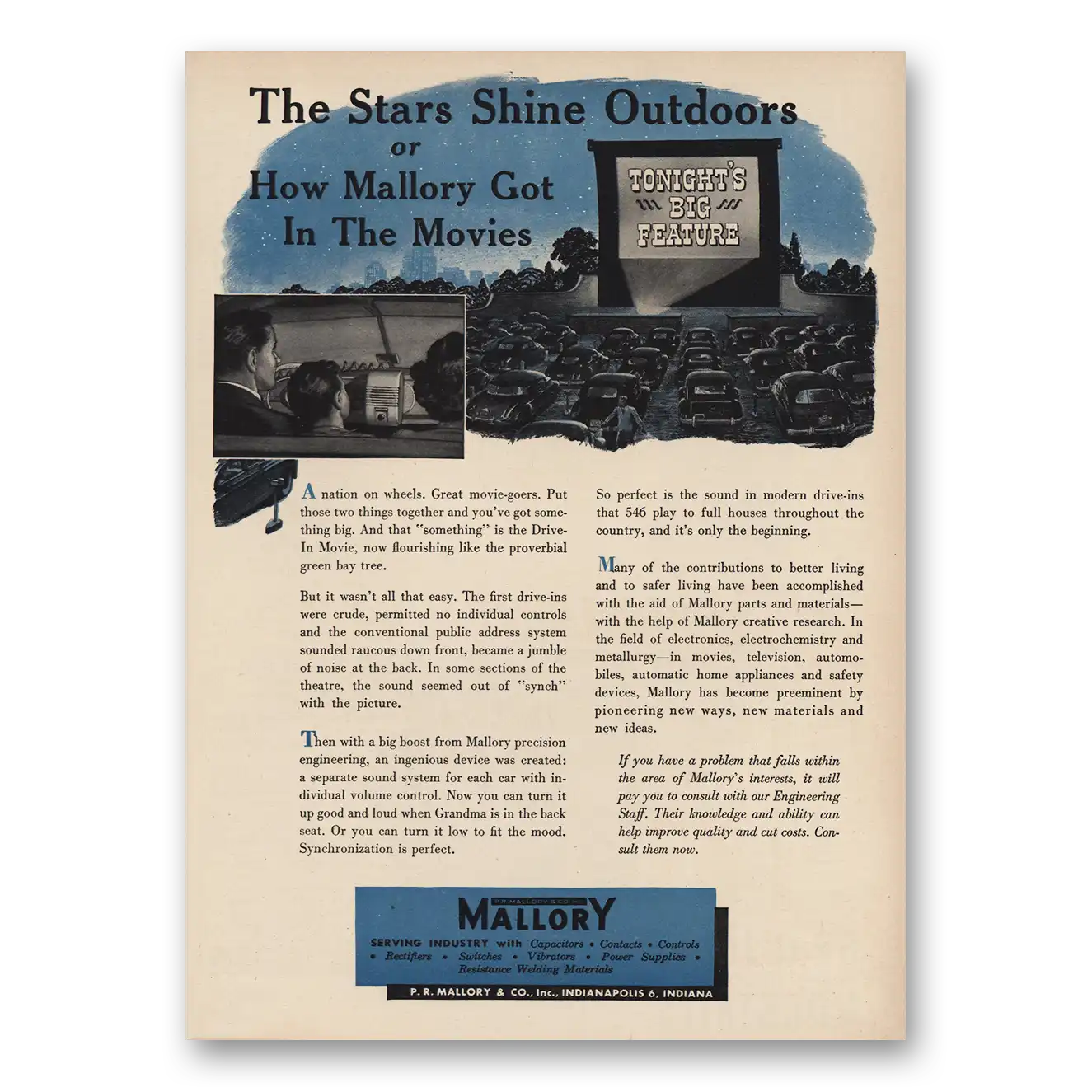 1949 P R Mallory Stars Shine Outdoors Drive In Vintage Magazine Print Ad