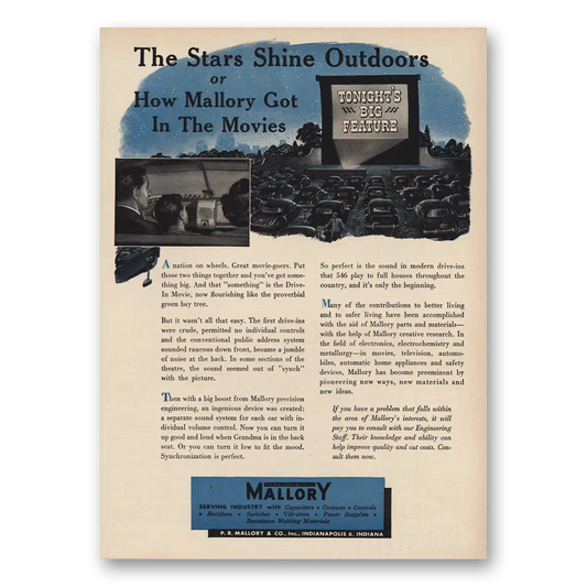 1949 P R Mallory Stars Shine Outdoors Drive In Vintage Magazine Print Ad