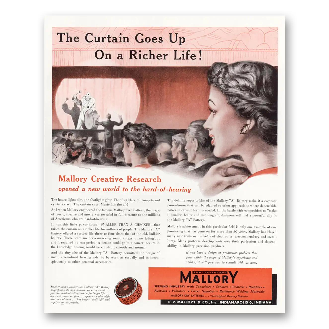 1949 Mallory Hearing Aids Curtain Goes Up On a Richer Life Vintage Magazine Print Ad