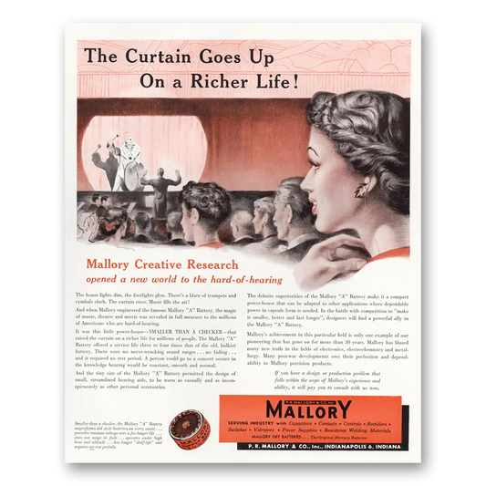 1949 Mallory Hearing Aids Curtain Goes Up On a Richer Life Vintage Magazine Print Ad