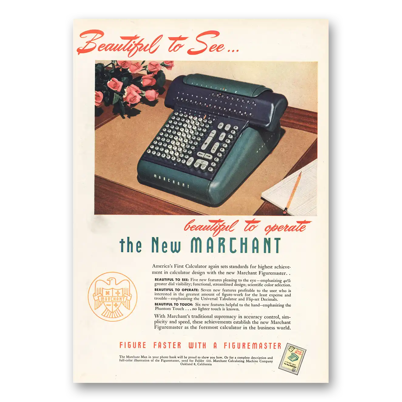 1949 Marchant Figurematic Calculator Adding Machine Beautiful to See Vintage Magazine Print Ad