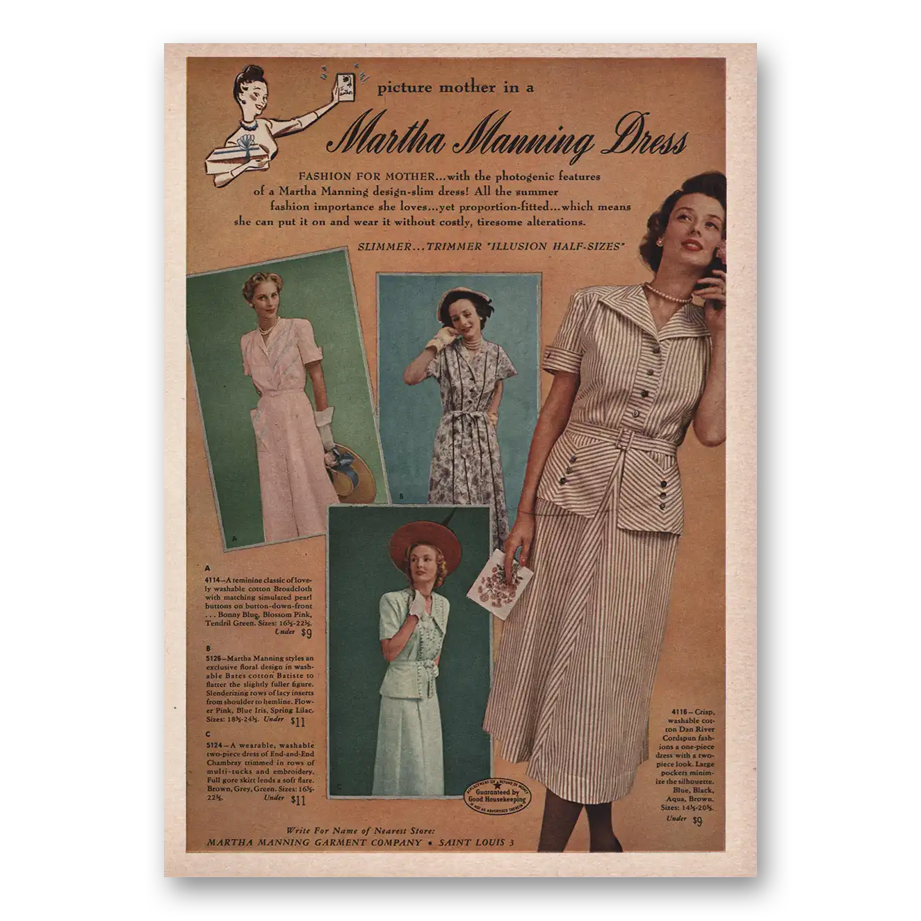 1949 Martha Manning Dress Picture Mother Vintage Magazine Print Ad