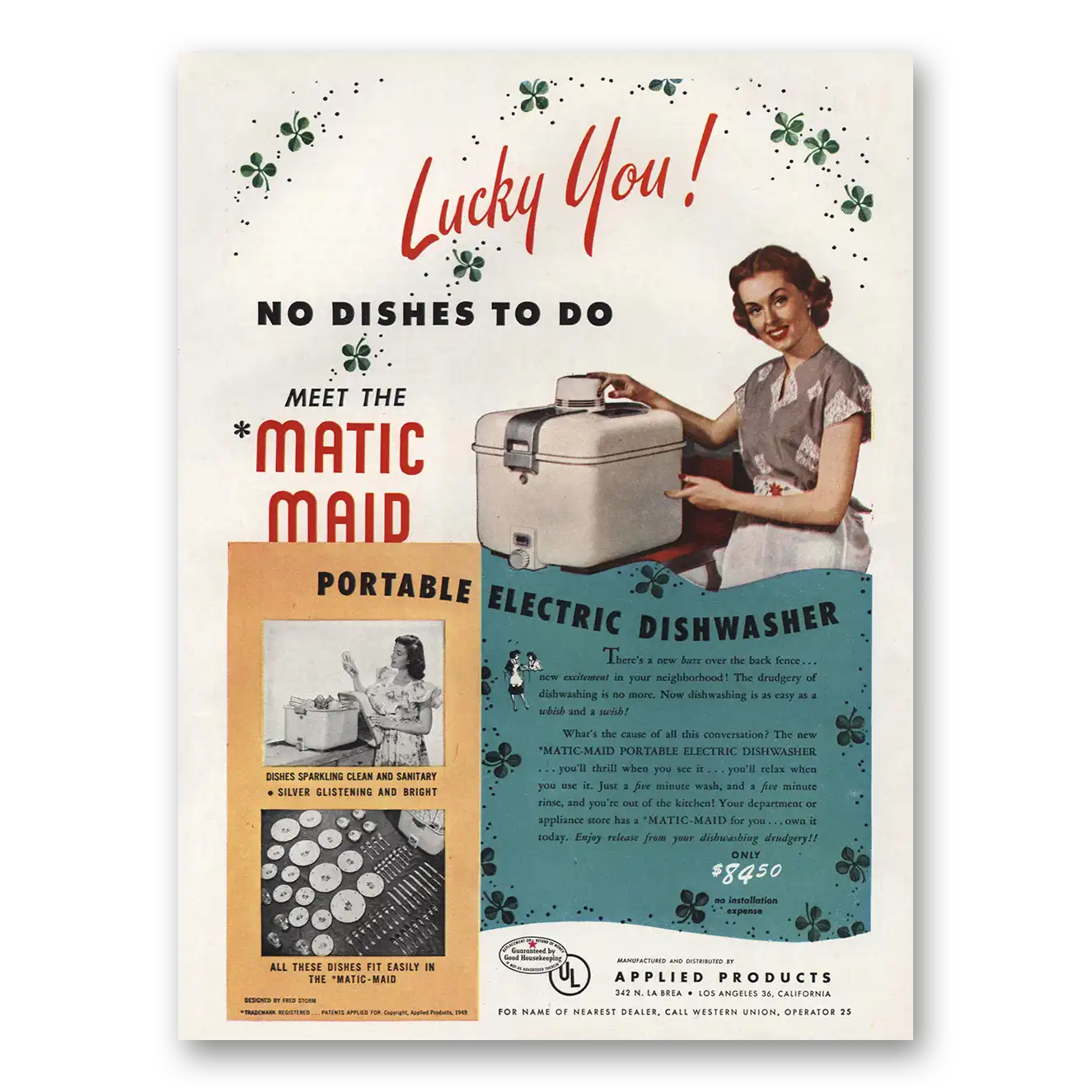 1949 Matic Maid Portable Electric Dishwasher Lucky You Vintage Magazine Print Ad